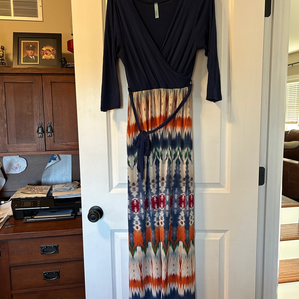 Anthropologie Navy and Multicolor Wrap Maxi Dress